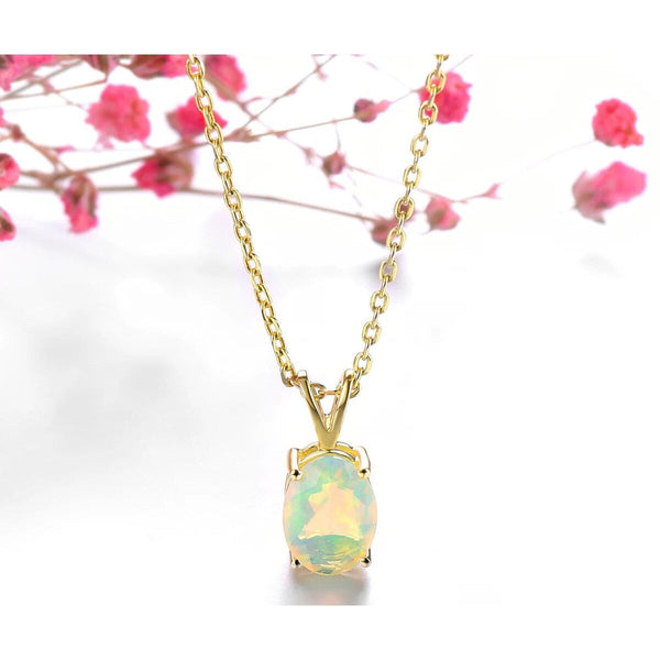 Natural Colorful Opal Real 14K Yellow Gold Pendant Necklace 0.7 Carats Oval Cut Opal Stone Classic Design-Lucid Fantasy