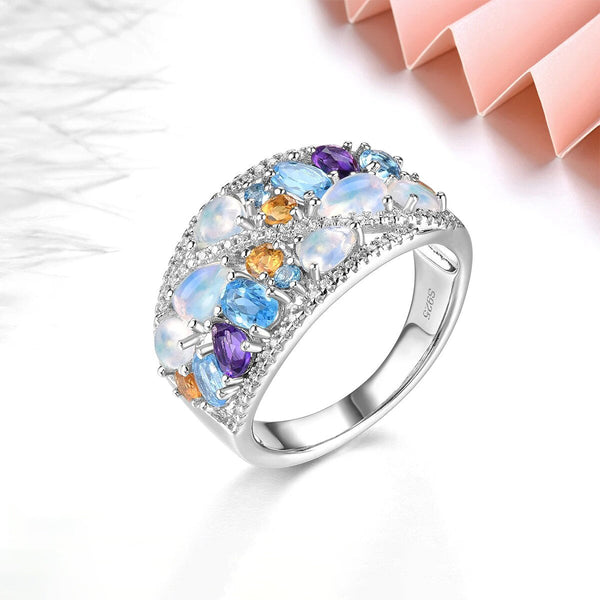 Natural Genuine Opal Topaz Amethyst Sterling Silver Ring 2.2 Carats Multicolor Unique Design Fine Jewelry-Lucid Fantasy