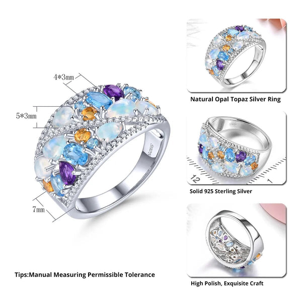 Natural Genuine Opal Topaz Amethyst Sterling Silver Ring 2.2 Carats Multicolor Unique Design Fine Jewelry-Lucid Fantasy