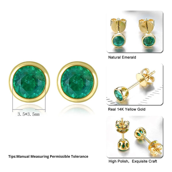 Natural Genuine Precious Emerald Round Faced Cutting Real 14K Yellow Gold Stud Earring Fine Jewelry-Lucid Fantasy