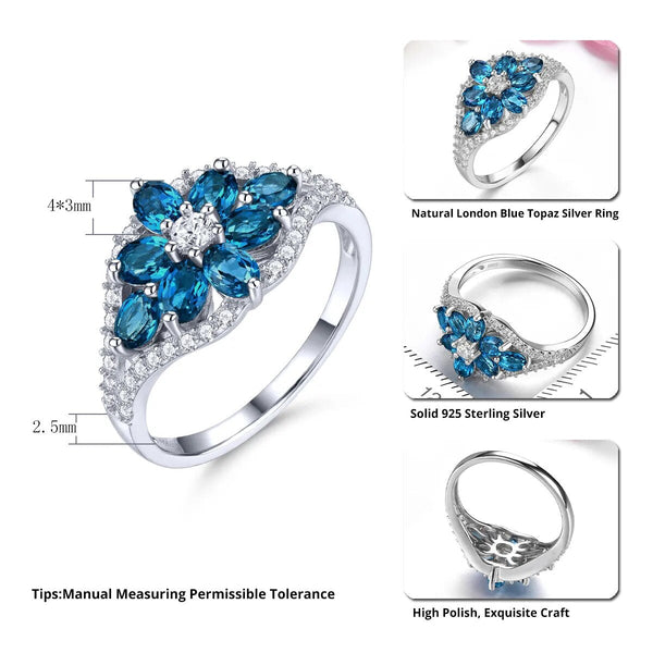 Natural London Blue Topaz Sterling Silver Ring Deep Blue Genuine Gemstone 2 Carats Classic Style-Lucid Fantasy