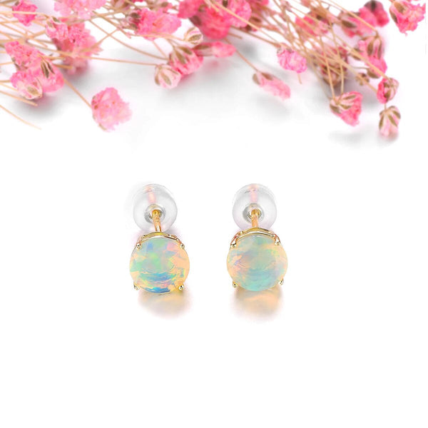 Natural Opal Real 14k Yellow Gold Stud Earring 1.3 Carats Round Faced Classic Fine Jewelry-Lucid Fantasy