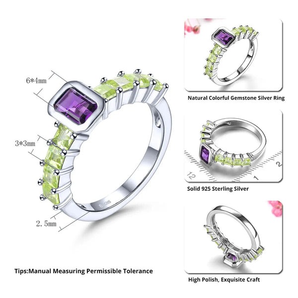 Natural Peridot Amethyst Solid Silver Ring 1.8 Carats Genuine Gemstone Fine Jewelry S925-Lucid Fantasy