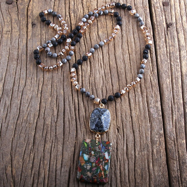 Natural Semi Precious Stone Beaded Double Pendant Drop BOHO Necklace