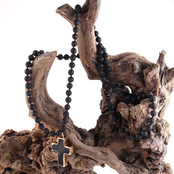 Natural Semi Precious Stone BOHO Beaded Cross Pendant Necklace