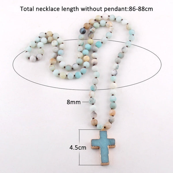 Natural Semi Precious Stone BOHO Beaded Cross Pendant Necklace