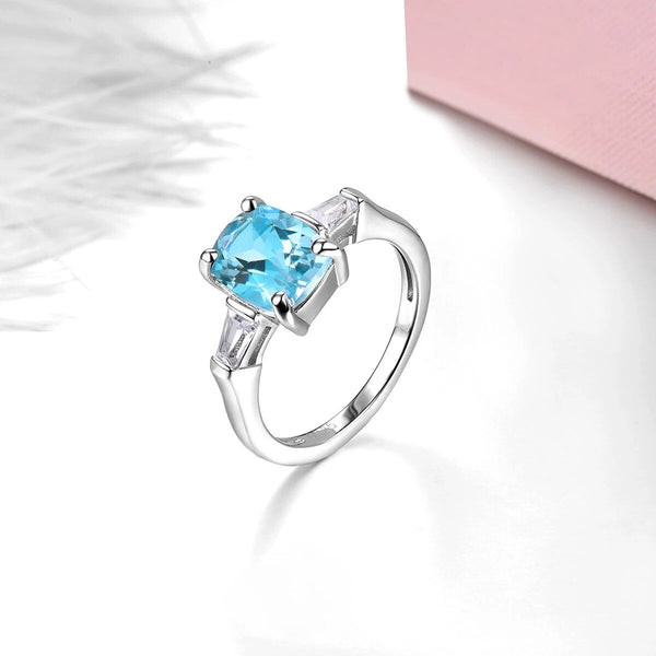 Natural Sky Blue Topaz Sterling Silver Ring Cushion Cut 2.3 Carats Genuine Gemstone Classic Jewelry Style S925-Lucid Fantasy