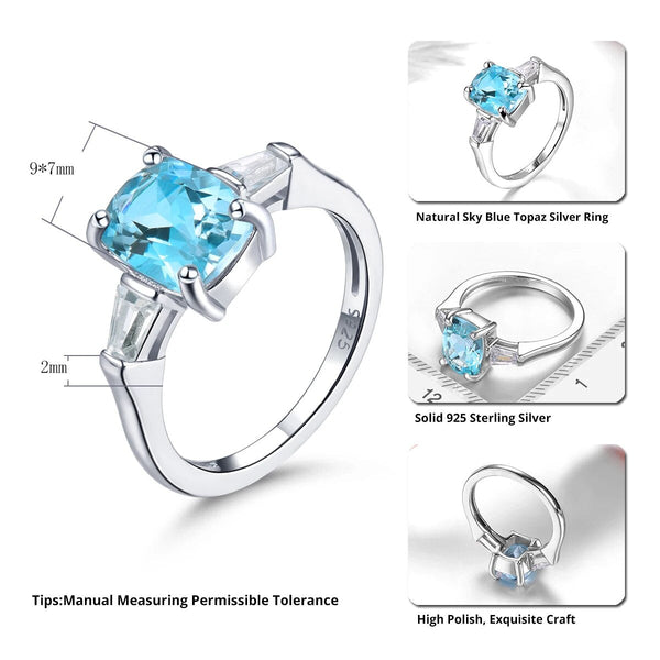 Natural Sky Blue Topaz Sterling Silver Ring Cushion Cut 2.3 Carats Genuine Gemstone Classic Jewelry Style S925-Lucid Fantasy