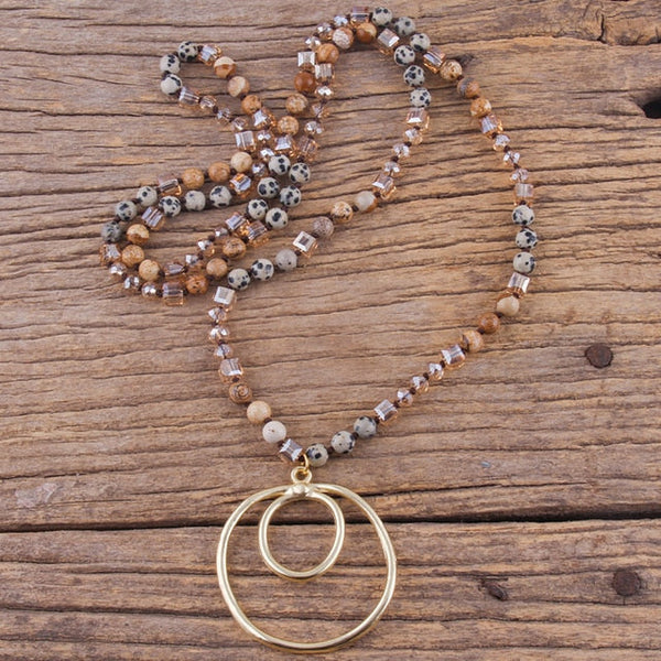 Natural Stone Beaded BOHO Double Hoop Pendant Drop Statement Necklace