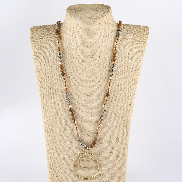 Natural Stone Beaded BOHO Double Hoop Pendant Drop Statement Necklace