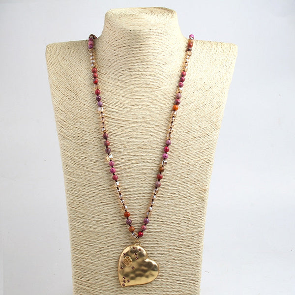 Natural Stone Crystal Beaded Bohemian Style Gold Big Heart Pendant Necklace