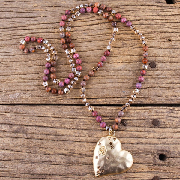 Natural Stone Crystal Beaded Bohemian Style Gold Big Heart Pendant Necklace