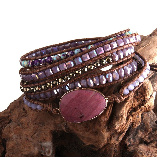 Natural Stone Vibrant Color BOHO Wrap Pendant Bracelet