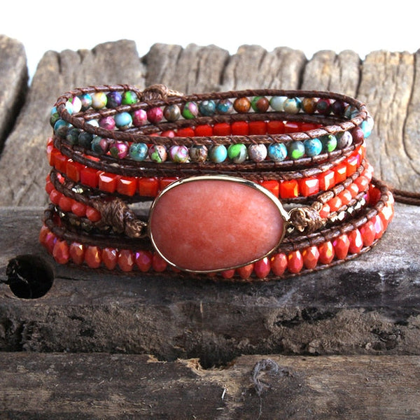 Natural Stone Vibrant Color BOHO Wrap Pendant Bracelet