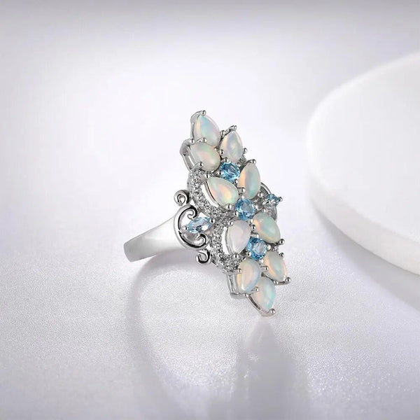Original 925 Sterling Silver Rings for Women Natural Pear Opal Blue Topaz Gem Colorful Opal Fine Jewelry-Lucid Fantasy