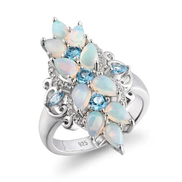 Original 925 Sterling Silver Rings for Women Natural Pear Opal Blue Topaz Gem Colorful Opal Fine Jewelry-Lucid Fantasy