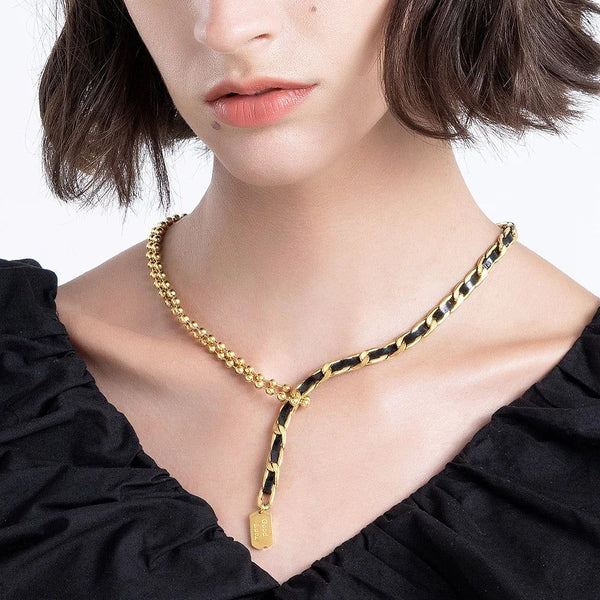 Original Design Black Leather Necklace Beads Lucky Choker Gold Color Fashion Jewelry Stainless Steel-Lucid Fantasy
