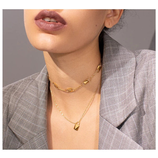 Original Design Cute Lock Choker Necklace Gold Color Stainless Steel Geometric Pendant Necklaces Fashion Jewelry-Lucid Fantasy