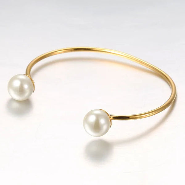 Original Design Double Pearl Cuff Bangle Bracelet Gold Color Stainless Steel Minimalist Open Bangle Fashion Jewelry-Lucid Fantasy
