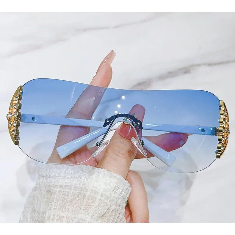 Oversized Rimless Steampunk Sunglasses with Bling Diamond Accent - UV400 Fashion Shades - Lucid Fantasy 