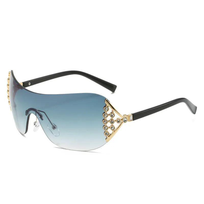 Oversized Rimless Steampunk Sunglasses with Bling Diamond Accent - UV400 Fashion Shades - Lucid Fantasy 