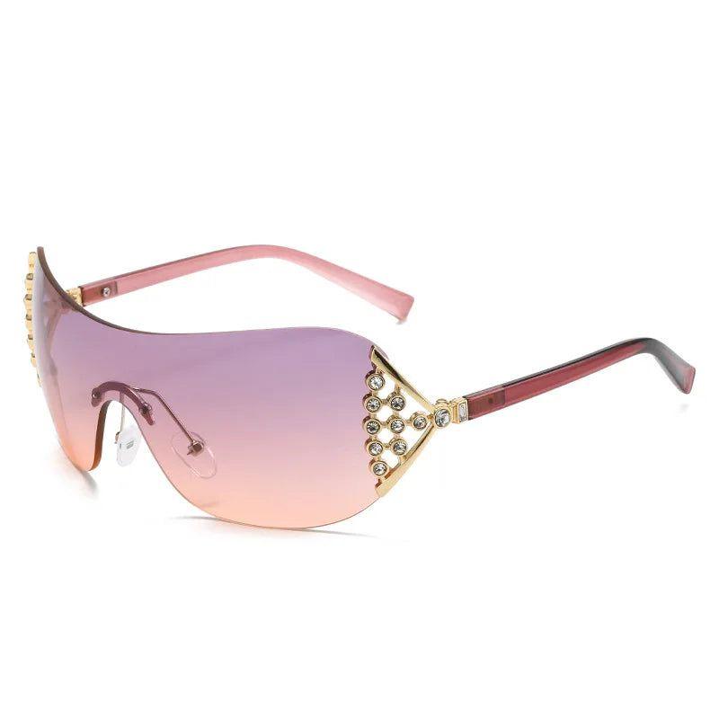 Oversized Rimless Steampunk Sunglasses with Bling Diamond Accent - UV400 Fashion Shades - Lucid Fantasy 