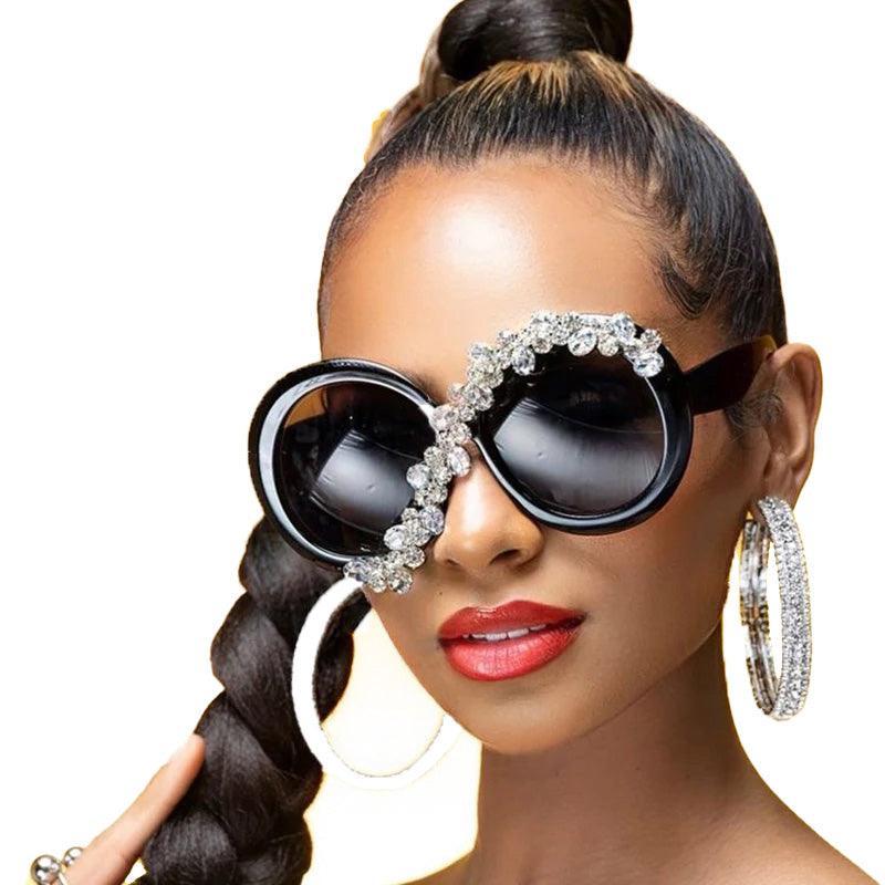 Oversized Round Sunglasses UV400 Big Frame Diamond Decoration Party Bling Sunglasses-Lucid Fantasy