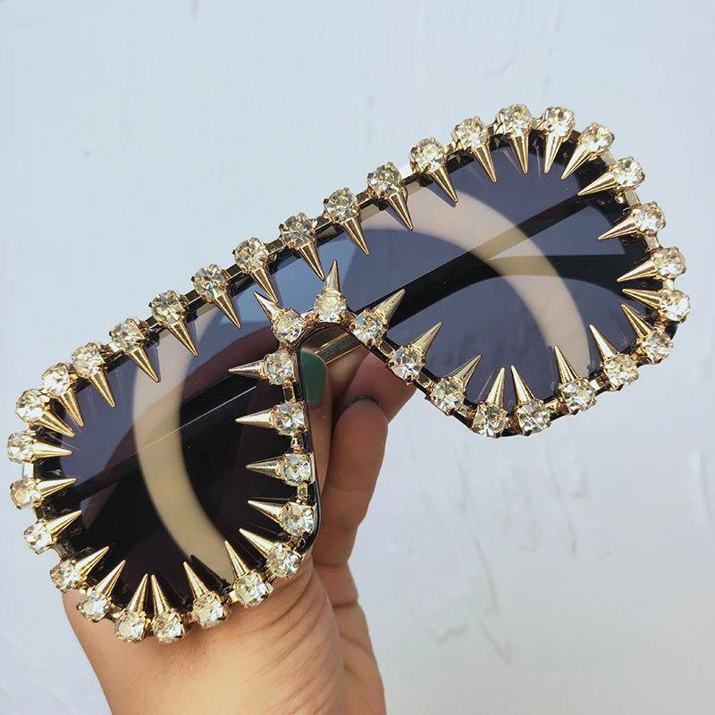 Punk Glam Steampunk Oversized Rhinestone Sunglasses with Diamond Accents - Lucid Fantasy 