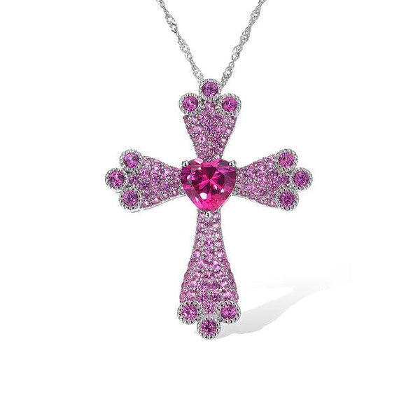 Pure 925 Sterling Silver Necklace Created Pink Sapphire Heart Cross Pendant Fine Jewelry-Lucid Fantasy