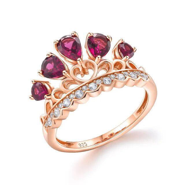 Refined 14K Rose Gold Plated Crown Ring with Natural Rhodolite Garnet in Pure 925 Sterling Silver - Lucid Fantasy 