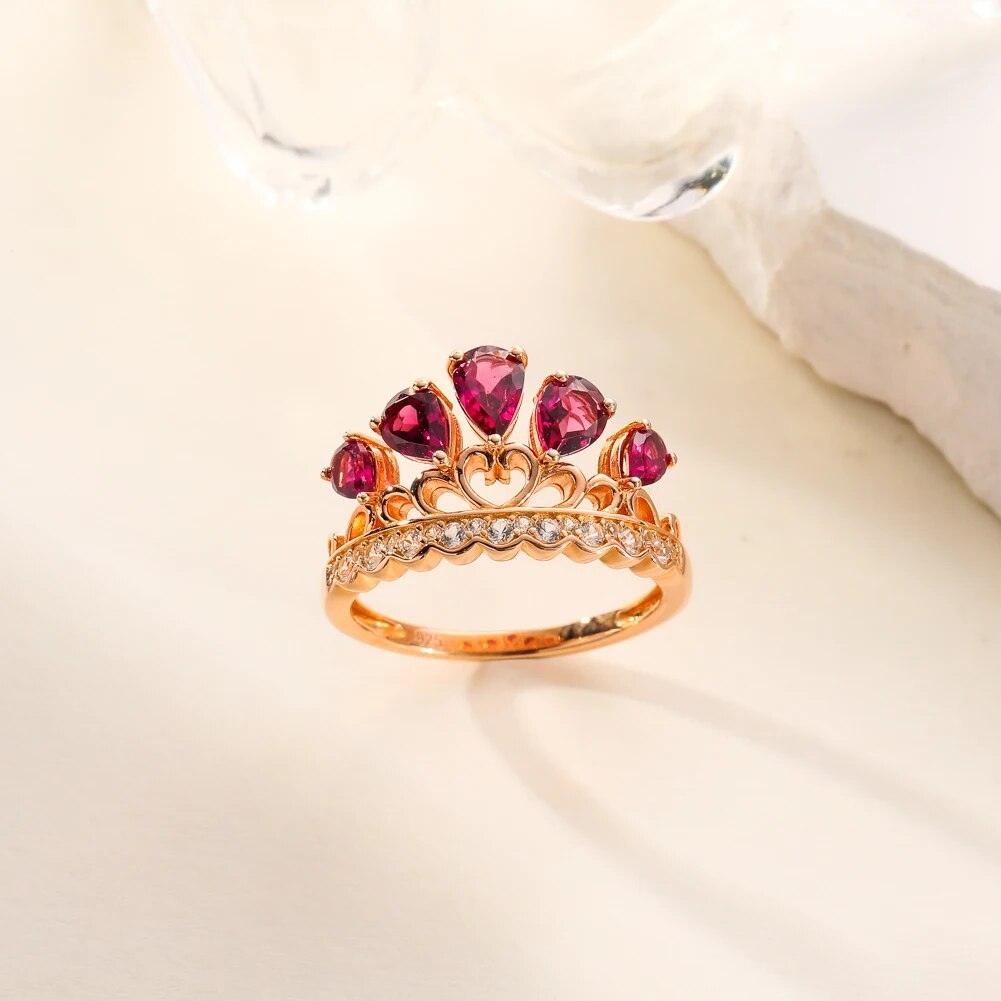 Refined 14K Rose Gold Plated Crown Ring with Natural Rhodolite Garnet in Pure 925 Sterling Silver - Lucid Fantasy 