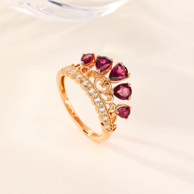 Refined 14K Rose Gold Plated Crown Ring with Natural Rhodolite Garnet in Pure 925 Sterling Silver - Lucid Fantasy 