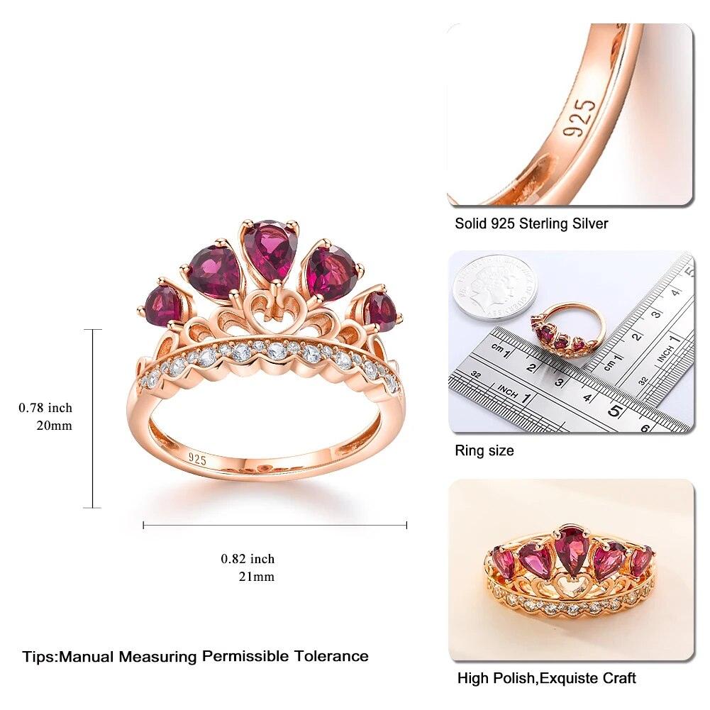 Refined 14K Rose Gold Plated Crown Ring with Natural Rhodolite Garnet in Pure 925 Sterling Silver - Lucid Fantasy 