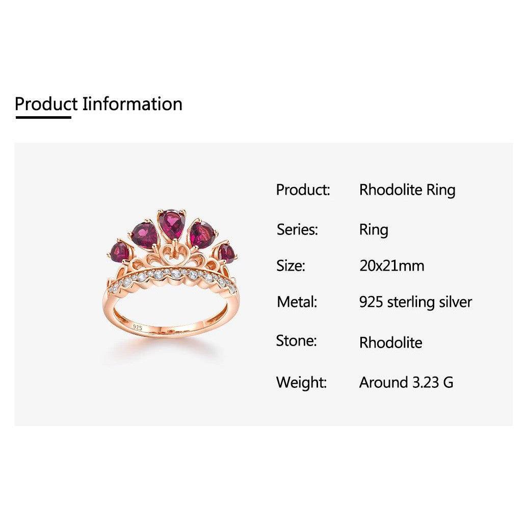 Refined 14K Rose Gold Plated Crown Ring with Natural Rhodolite Garnet in Pure 925 Sterling Silver - Lucid Fantasy 