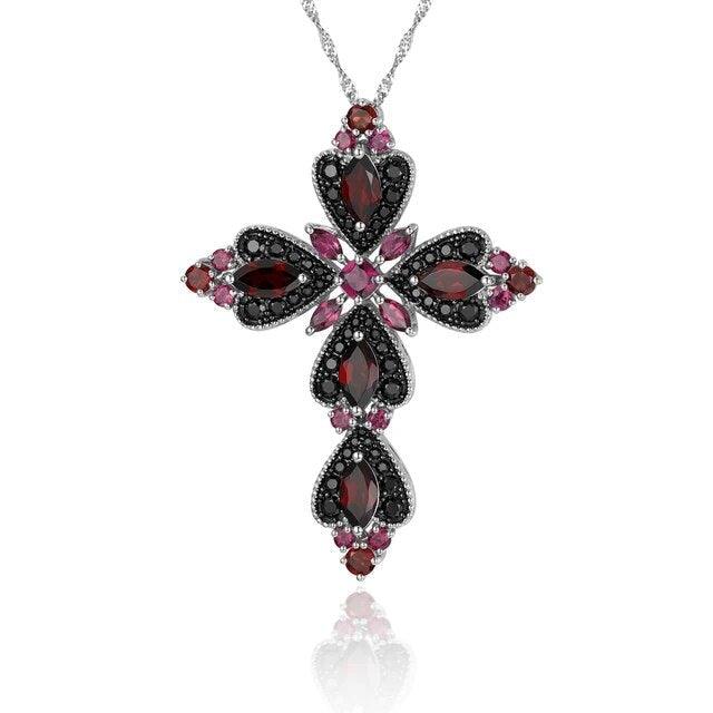 Refined 925 Sterling Silver Cross Necklace with 8.8ct Natural Rhodolite and Black Spinel Gemstones - Lucid Fantasy 