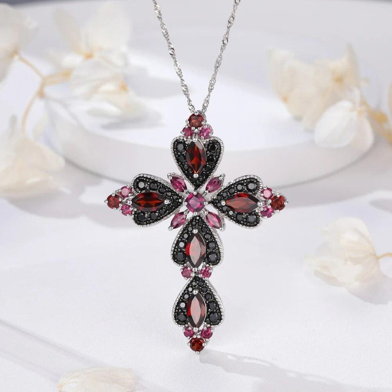 Refined 925 Sterling Silver Cross Necklace with 8.8ct Natural Rhodolite and Black Spinel Gemstones - Lucid Fantasy 