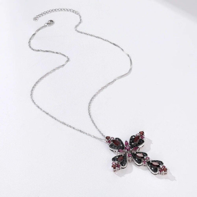 Refined 925 Sterling Silver Cross Necklace with 8.8ct Natural Rhodolite and Black Spinel Gemstones - Lucid Fantasy 