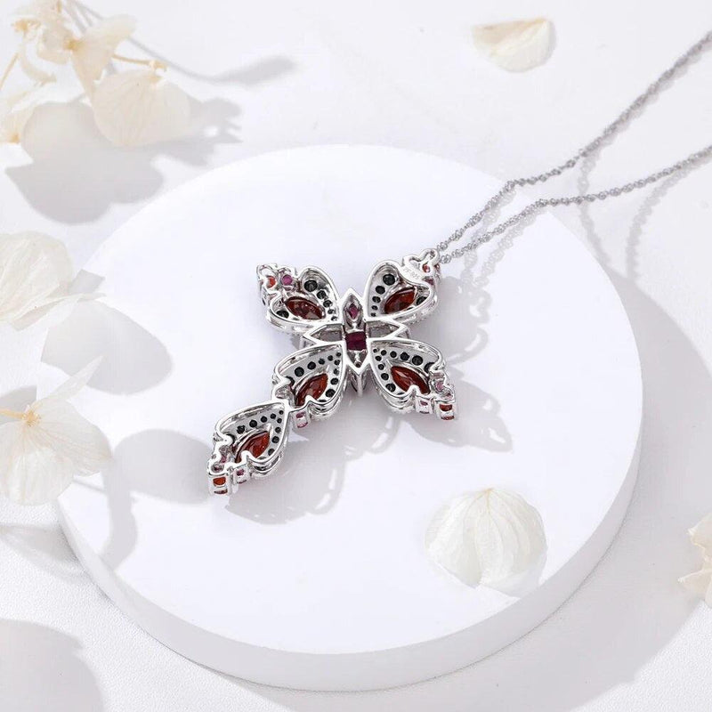 Refined 925 Sterling Silver Cross Necklace with 8.8ct Natural Rhodolite and Black Spinel Gemstones - Lucid Fantasy 