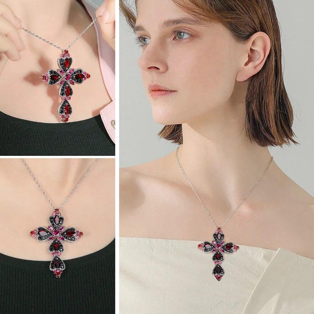 Refined 925 Sterling Silver Cross Necklace with 8.8ct Natural Rhodolite and Black Spinel Gemstones - Lucid Fantasy 