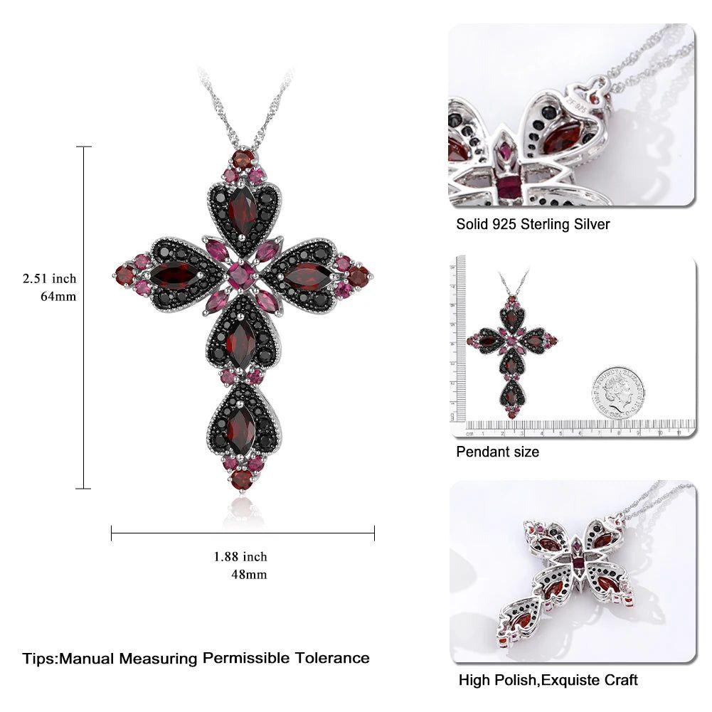 Refined 925 Sterling Silver Cross Necklace with 8.8ct Natural Rhodolite and Black Spinel Gemstones - Lucid Fantasy 