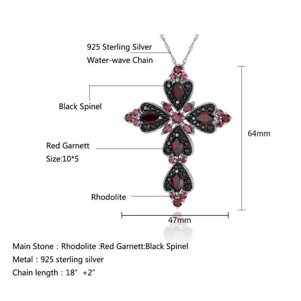 Refined 925 Sterling Silver Cross Necklace with 8.8ct Natural Rhodolite and Black Spinel Gemstones - Lucid Fantasy 