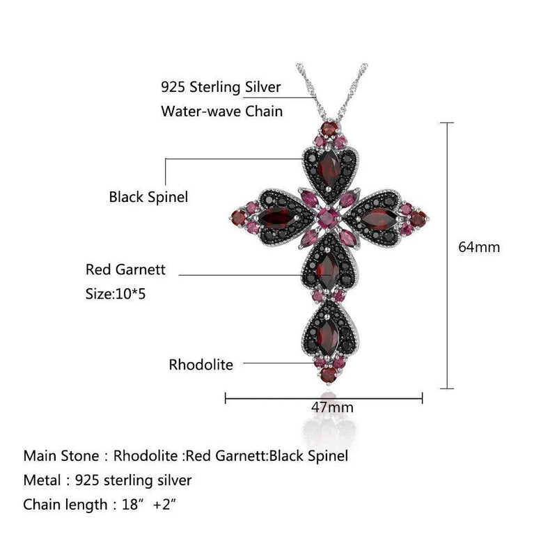 Refined 925 Sterling Silver Cross Necklace with 8.8ct Natural Rhodolite and Black Spinel Gemstones - Lucid Fantasy 