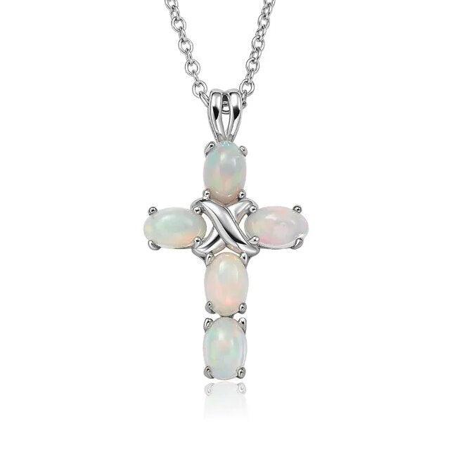 Refined 925 Sterling Silver Cross Pendant Necklace with Natural Opal or Turquoise Gemstone - Lucid Fantasy 