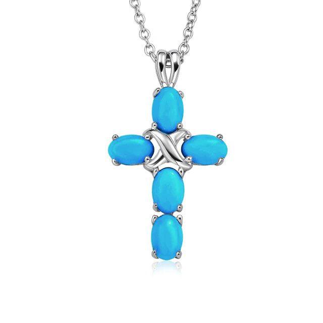 Refined 925 Sterling Silver Cross Pendant Necklace with Natural Opal or Turquoise Gemstone - Lucid Fantasy 