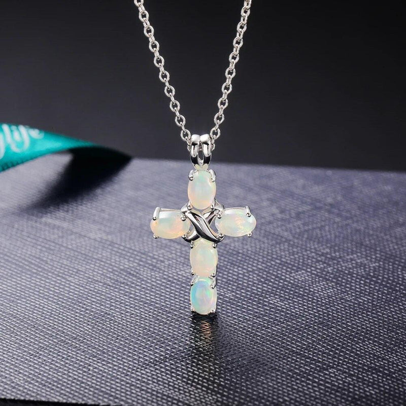 Refined 925 Sterling Silver Cross Pendant Necklace with Natural Opal or Turquoise Gemstone - Lucid Fantasy 