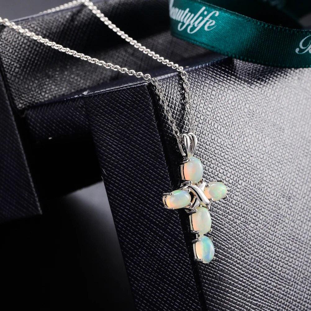 Refined 925 Sterling Silver Cross Pendant Necklace with Natural Opal or Turquoise Gemstone - Lucid Fantasy 