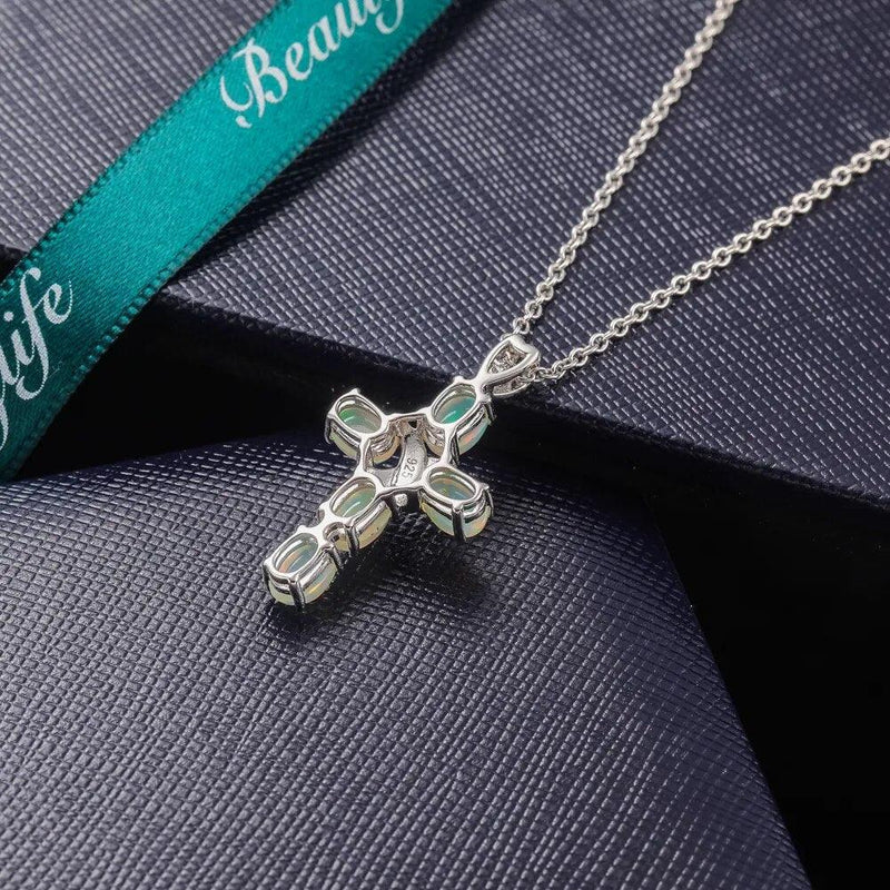 Refined 925 Sterling Silver Cross Pendant Necklace with Natural Opal or Turquoise Gemstone - Lucid Fantasy 