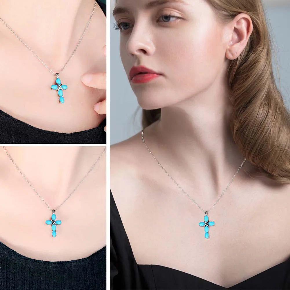 Refined 925 Sterling Silver Cross Pendant Necklace with Natural Opal or Turquoise Gemstone - Lucid Fantasy 