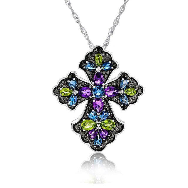 Refined 925 Sterling Silver Cross Pendant Necklace with Vibrant Amethyst and Peridot Gems - Lucid Fantasy 