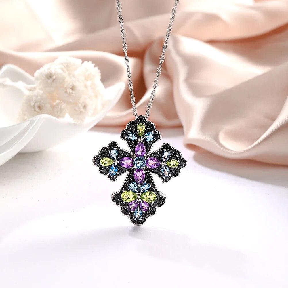 Refined 925 Sterling Silver Cross Pendant Necklace with Vibrant Amethyst and Peridot Gems - Lucid Fantasy 